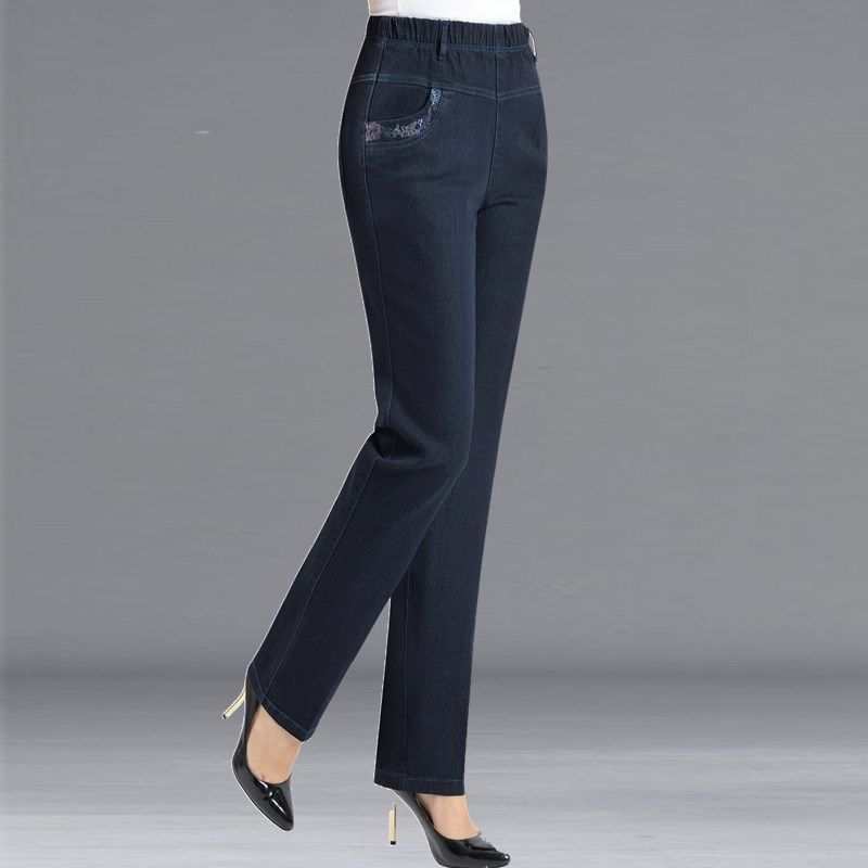 中老年春秋季大码松紧腰牛仔裤女
