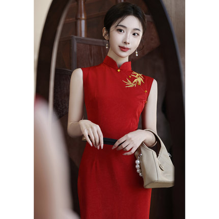 新中式红色旗袍小个子敬酒服新娘晨袍女夏季高端国风竹子订婚礼服
