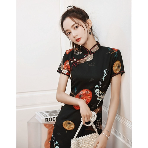 Черное летнее ципао, легкое винтажное платье, 2025 года, светлый стиль, китайский стиль