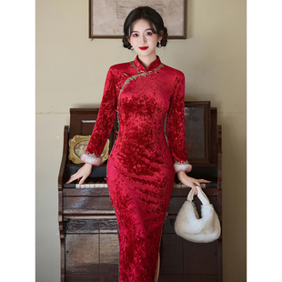 红色丝绒旗袍冬装加绒加厚复古高端大气上档次年轻款订婚新年战袍