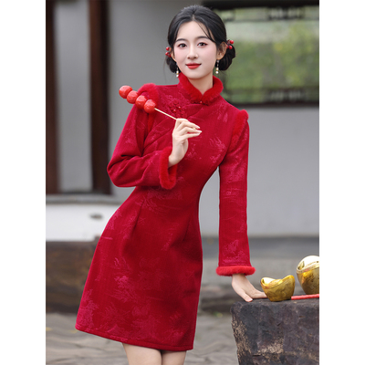 红色过年拜年服旗袍小个子长袖冬