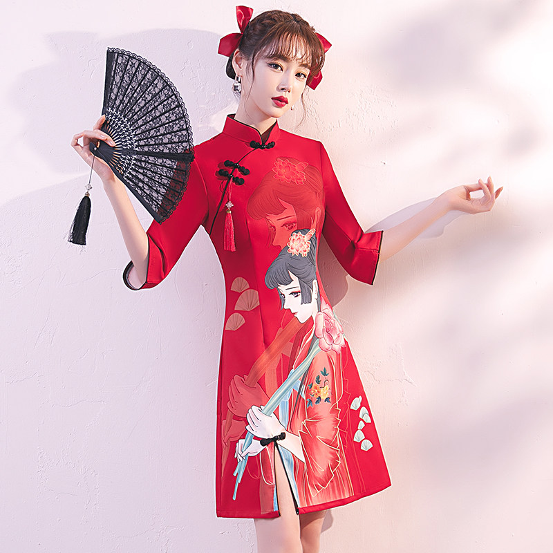 国潮旗袍2022年新款红色年轻款改良少女小个子春季长袖炸街连衣裙