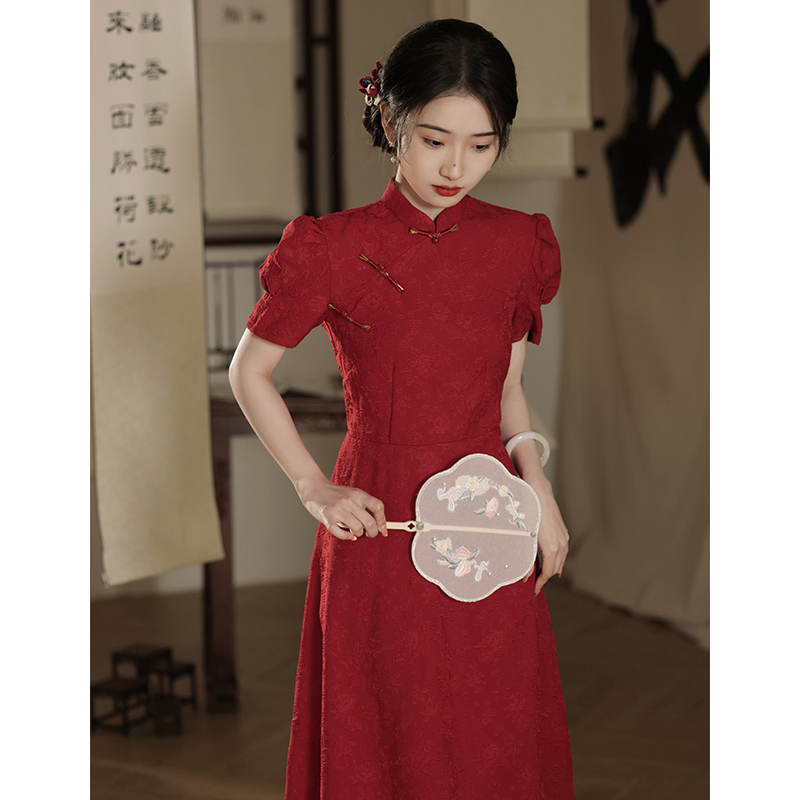 酒红色改良A版旗袍敬酒服新中式