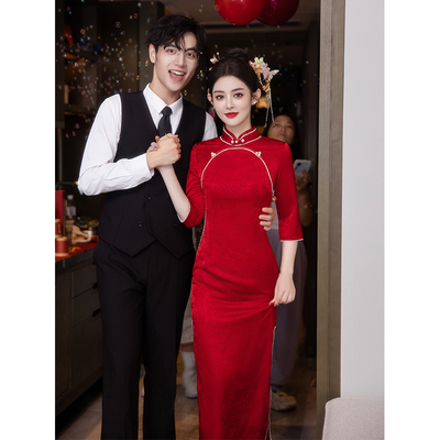 红色旗袍订婚礼服回门中袖秋季