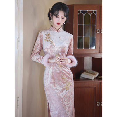 粉色订婚旗袍秋冬季保暖日常可穿