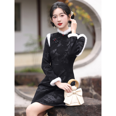 黑色旗袍小个子冬装加绒国风女装