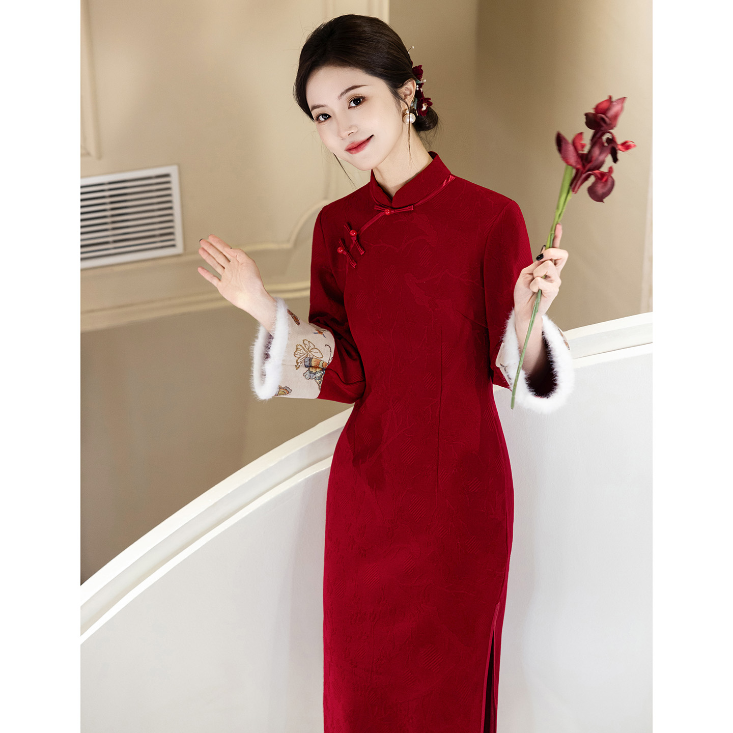 红色旗袍敬酒服新娘冬装