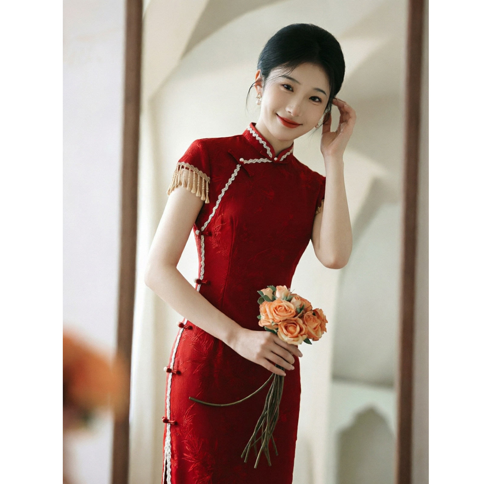 云肩旗袍敬酒服红色新娘订婚礼服图片