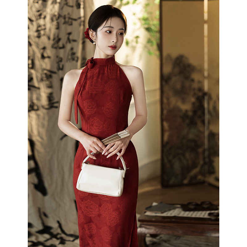 红色晨袍女新娘旗袍夏季新中式订婚礼服无袖