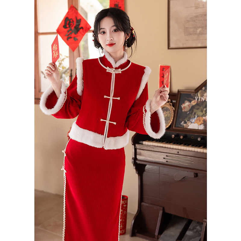 红色旗袍新娘结婚订婚新年战袍