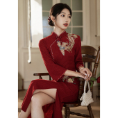 红色旗袍敬酒服新娘2025新款 蕾丝刺绣结婚订婚礼服鱼尾 改良新中式