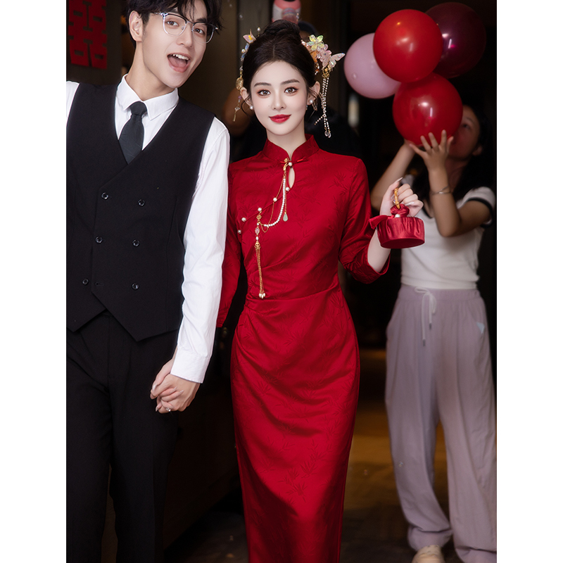 订婚旗袍晚礼服红色出阁宴结婚女