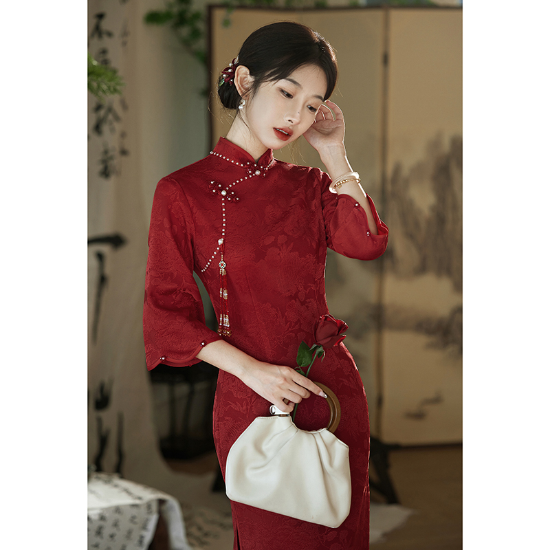红色旗袍秋冬长袖结婚订婚礼服裙