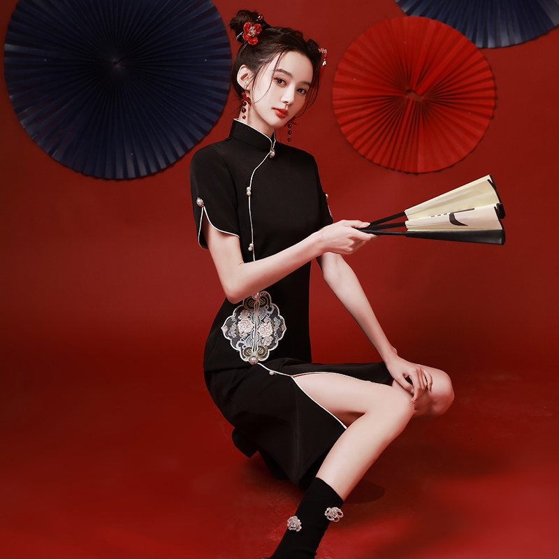 黑色旗袍2025年新款夏款年轻款少女改良国潮女装炸街小个子中国风