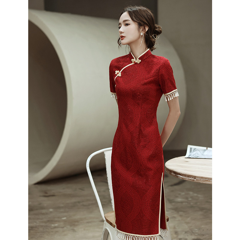 旗袍敬酒服新娘中式高级感红色蕾丝年轻款结婚订婚回门改良礼服女