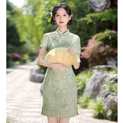 绿色旗袍小个子短款夏季改良年轻款少女小清新素雅新中式日常可穿