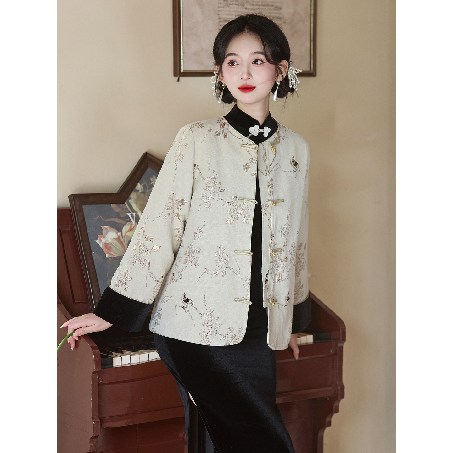 黑色旗袍套装新中式秋冬季长袖