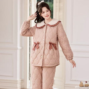 多拉美冬款 女士娃娃领梭织夹棉中长款加厚修身睡衣家居服2453266