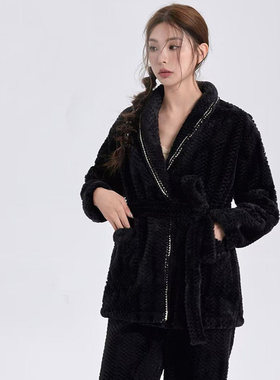 安杜拉 秋冬女士兔绒夹棉加厚保暖系腰带家居服睡衣套装46226