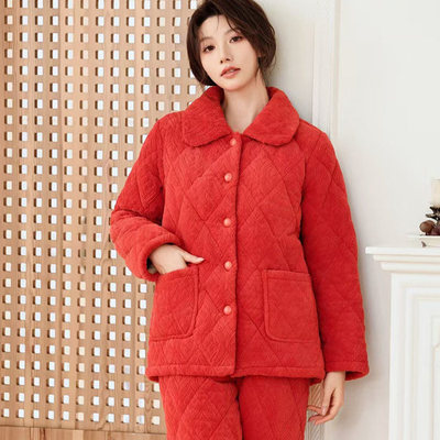 多拉美冬款 牛奶绒女士夹棉纯色加厚加绒保暖睡衣家居服套2453217