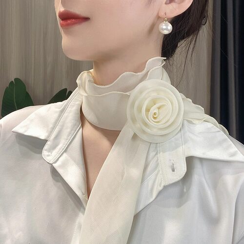 2026夏季新款纯色玫瑰花朵丝巾女百搭气质薄款围巾护颈时尚围脖