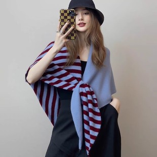2025秋冬新款 针织拼色条纹三角巾女百搭洋气护颈保暖披肩外搭开衫