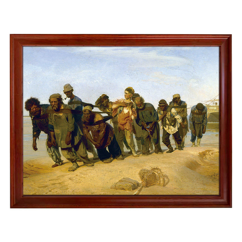 列宾伏尔加河上的纤夫带框单幅高清画芯欧式装饰油画手绘沙滩风景