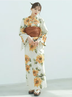 春夏少女日式浴衣向日葵印花图案yukata传统和服透气聚酯纤维面料