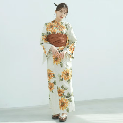 春夏少女日式浴衣向日葵印花图案yukata传统和服透气聚酯纤维面料