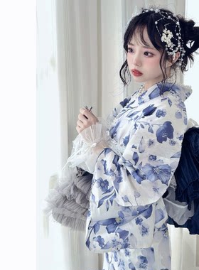 日式分体套装 传统和服浴衣GRL淡雅水墨蓝色风信子印花yukata春夏