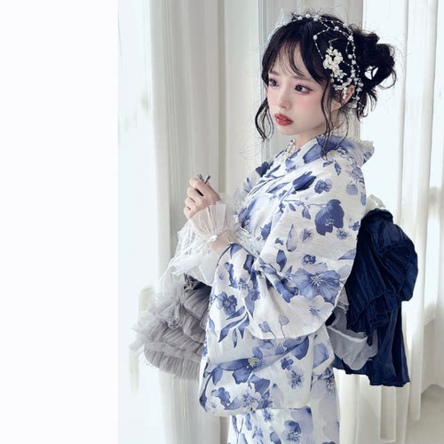 日式分体套装 传统和服浴衣GRL淡雅水墨蓝色风信子印花yukata春夏