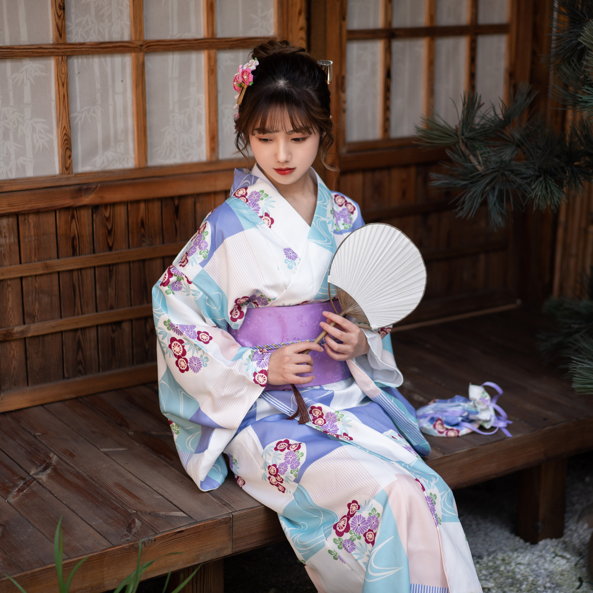 日式和服浴衣复古和风长袖长裙 写真复古连衣裙cos蓝白格浅紫女