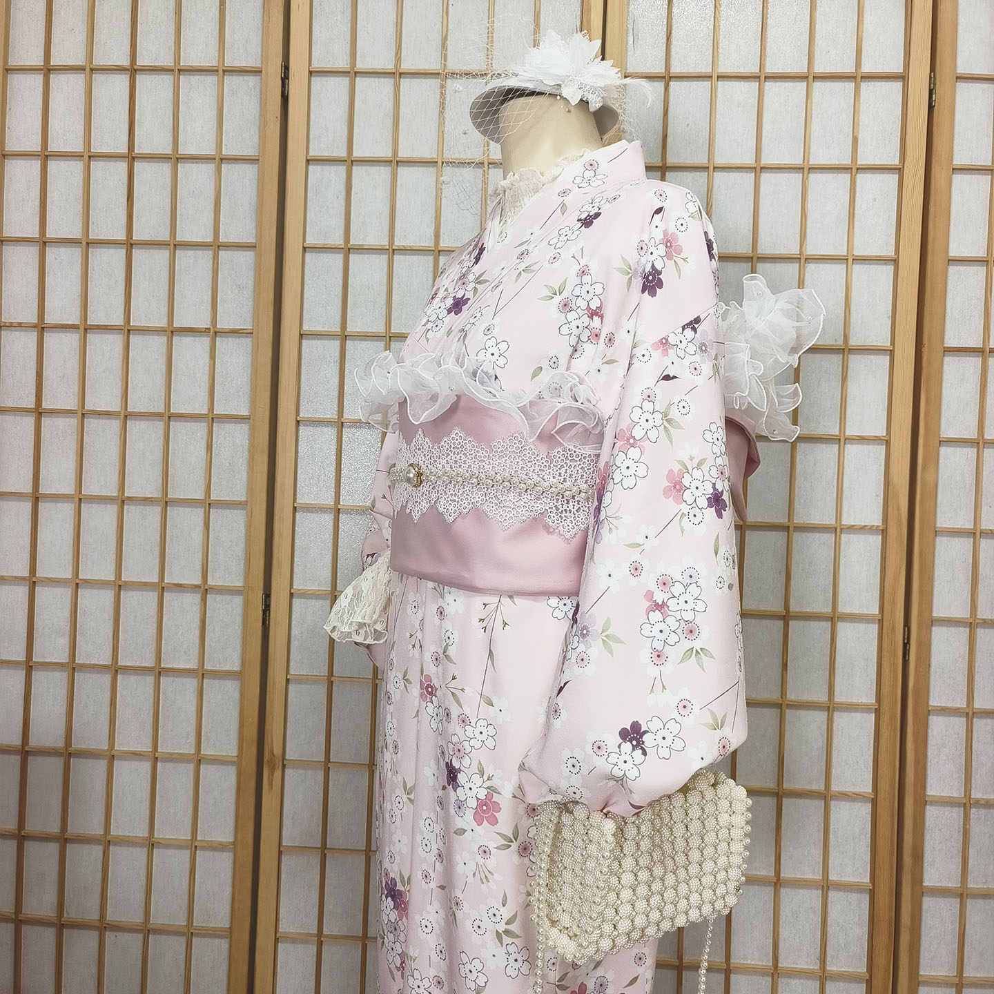 少女日式浴衣淡粉色花朵印花图案yukata传统和服小纹古典和洋风格