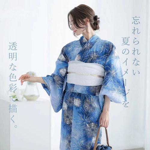 日本和服蓝色烟火yukata日式浴衣和服小纹透气抗皱面料一件式