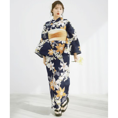 春夏款少女日式浴衣淡雅清新柑橘花朵印花图案yukata传统和服浴衣