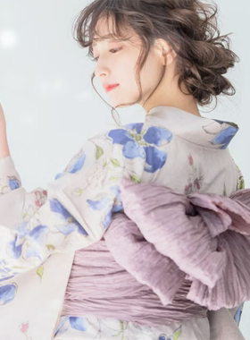 少女日式浴衣蓝色花朵印花图案yukata传统和服小纹古典和洋风格
