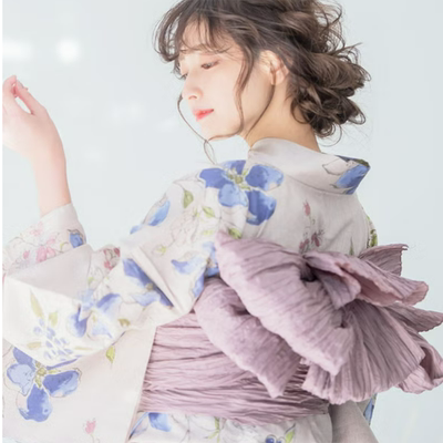 少女日式浴衣蓝色花朵印花图案yukata传统和服小纹古典和洋风格