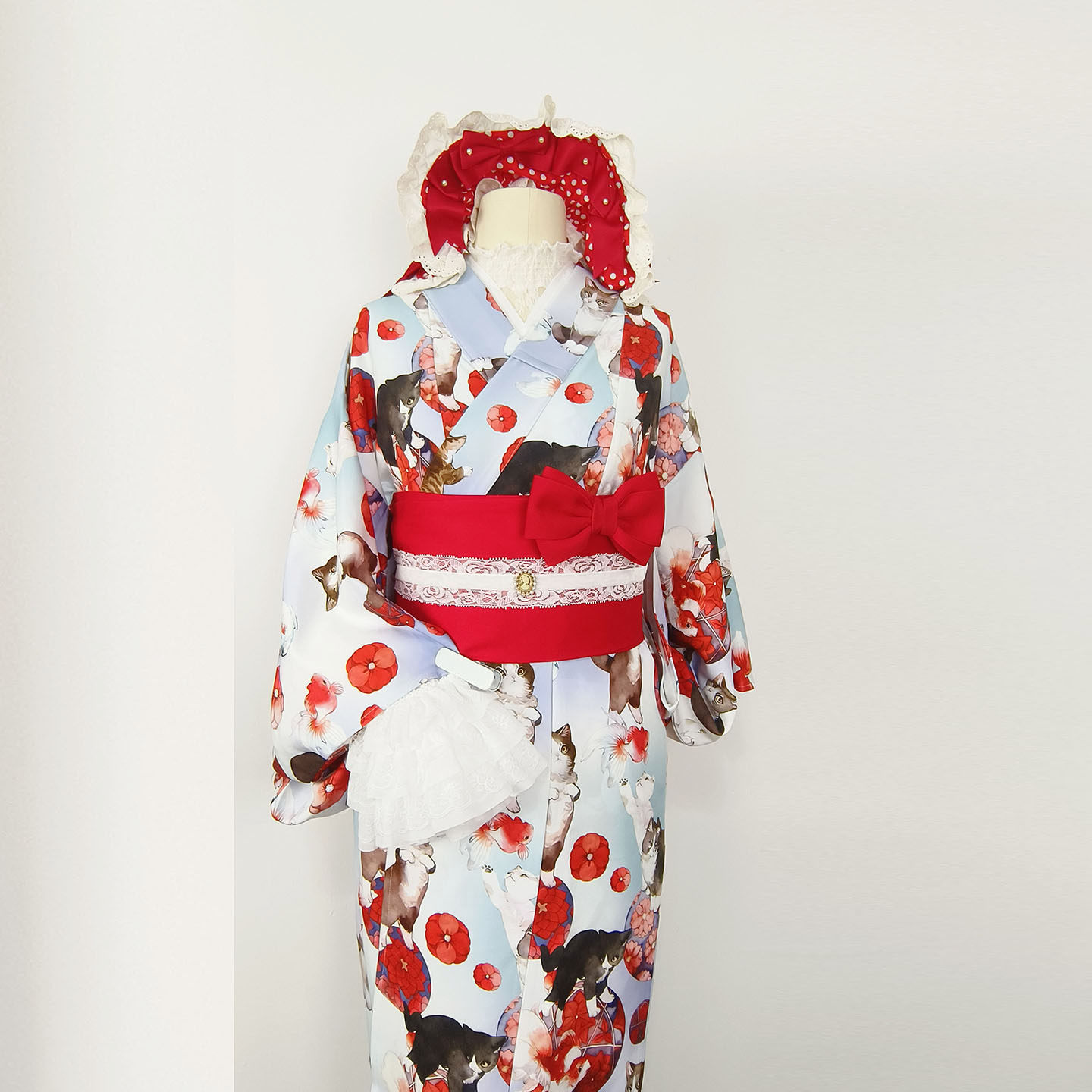 新款日式和服小纹印花图案yukata金鱼猫咪和洋风格套装日本写真女