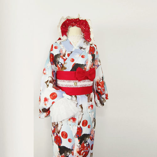 日式和服小纹印花图案yukata金鱼猫咪浴衣和洋风格套装日本写真女
