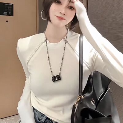 200斤大码2024秋季新款拼接拉链垫肩t恤女洋气百搭长袖套头上衣