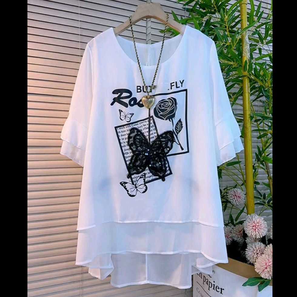 特大码200斤打底白色七分袖蝴蝶印花雪纺T恤女夏洋气减龄显瘦上衣