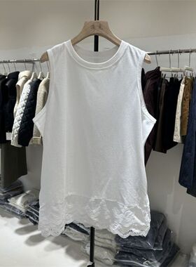 200斤大码白色圆领无袖蕾丝拼接T恤女25春夏新款打底下摆开叉上衣