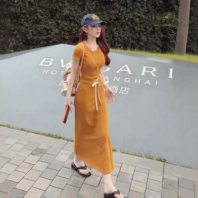 夏季女黄短袖高腰显瘦两件套