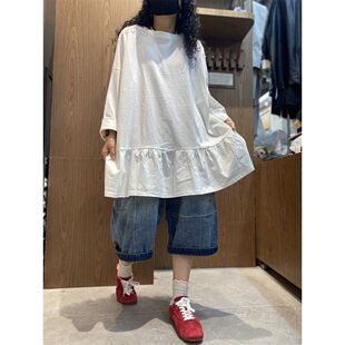 200斤大码胖mm春季新款韩版宽松下摆荷叶边中长款T恤打底衫上衣女