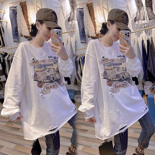 新款 卫衣女2022年秋季 宽松ins 欧洲站加绒加厚破洞薄款 300斤特大码