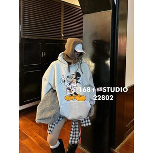 200斤大码米奇卡通印花卫衣女加绒秋冬新款宽松廓形中长款上衣