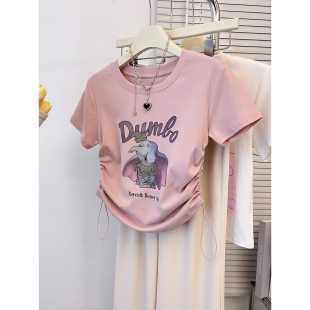T恤色收腰抽绳显瘦小众上衣潮 少女风卡通印花短袖 200斤特大码 夏季