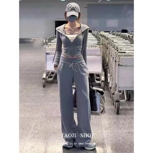 小个子休闲时尚后背绑绳收腰连帽卫衣外套抽绳直筒阔腿裤两件套潮