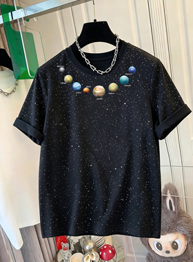 300斤特大码夏季复古满天星短袖T恤女黑色星球印花宽松设计感上衣