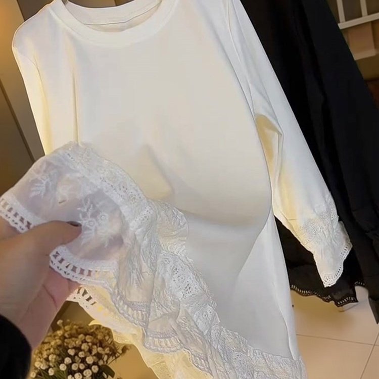 200斤大码法式蕾丝加绒打底T恤